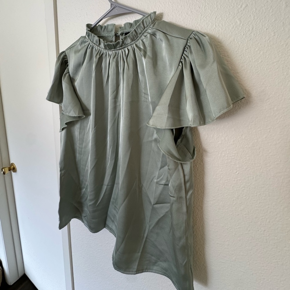 Green Satin Blouse with Ruffles